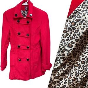 NWT 2B BeBe Winter Red Military Leopard amazing Soft Pea Coats size Small